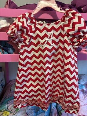 Red Chevron Kids Dress with White Monogram